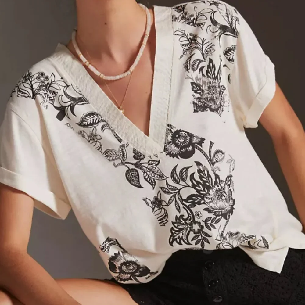 Anthropologie Daily Practice V-Neck Floral Short-Sleeve Top Cream Women’s Small - Picture 1 of 8